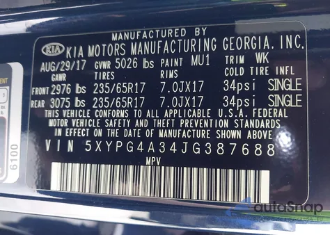 2018 Kia Sorento 2.4L Lx из США, поврежденный, VIN 5XYPG4A34JG387688